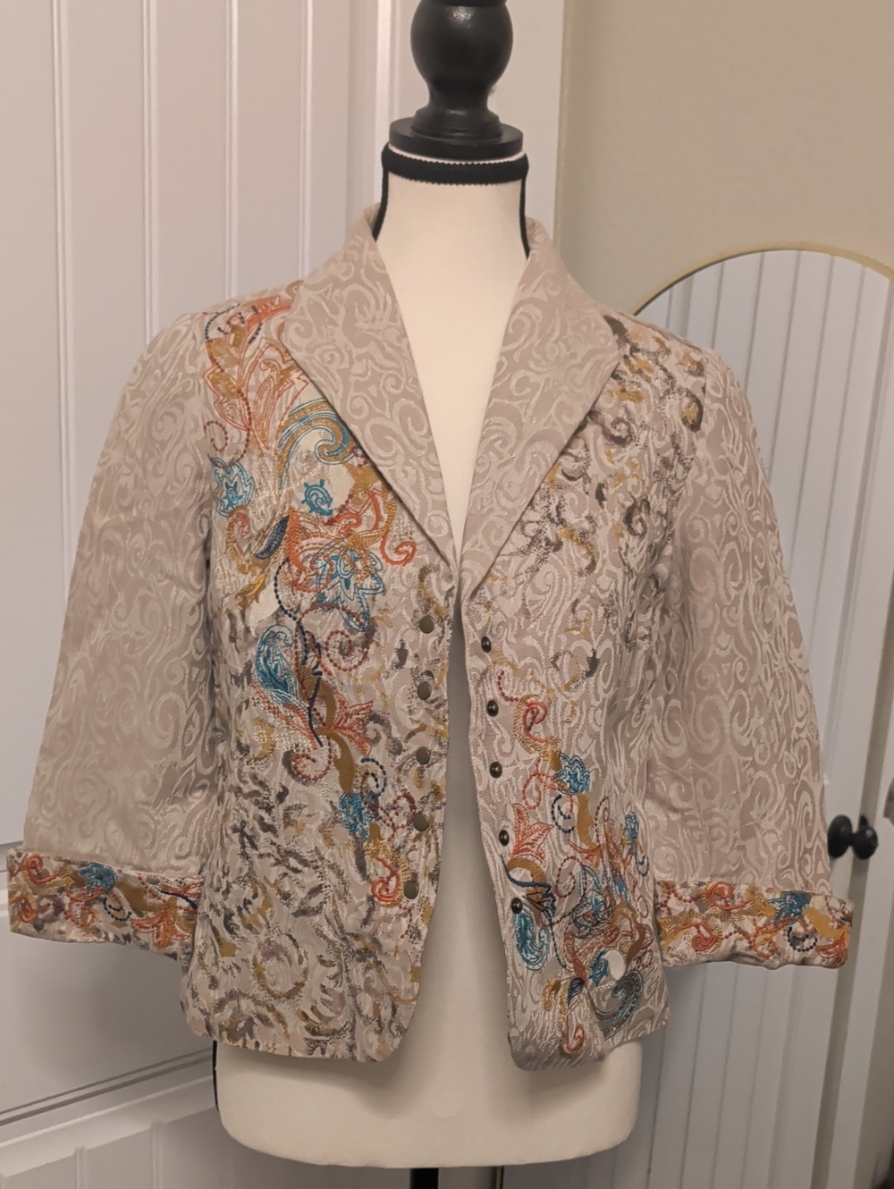 Coldwater Creek Beige Embroidered Swirl Jacket with Multicolor Accents